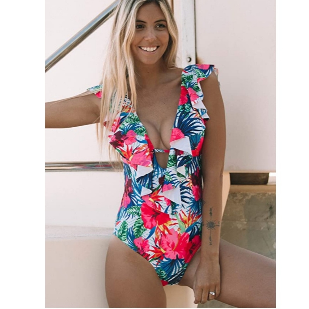 SPORLIKE Womens 1 Piece Swimsuit V-Neck Ruffle Bathing Suit Padded Monokini - Picture 2 of 6